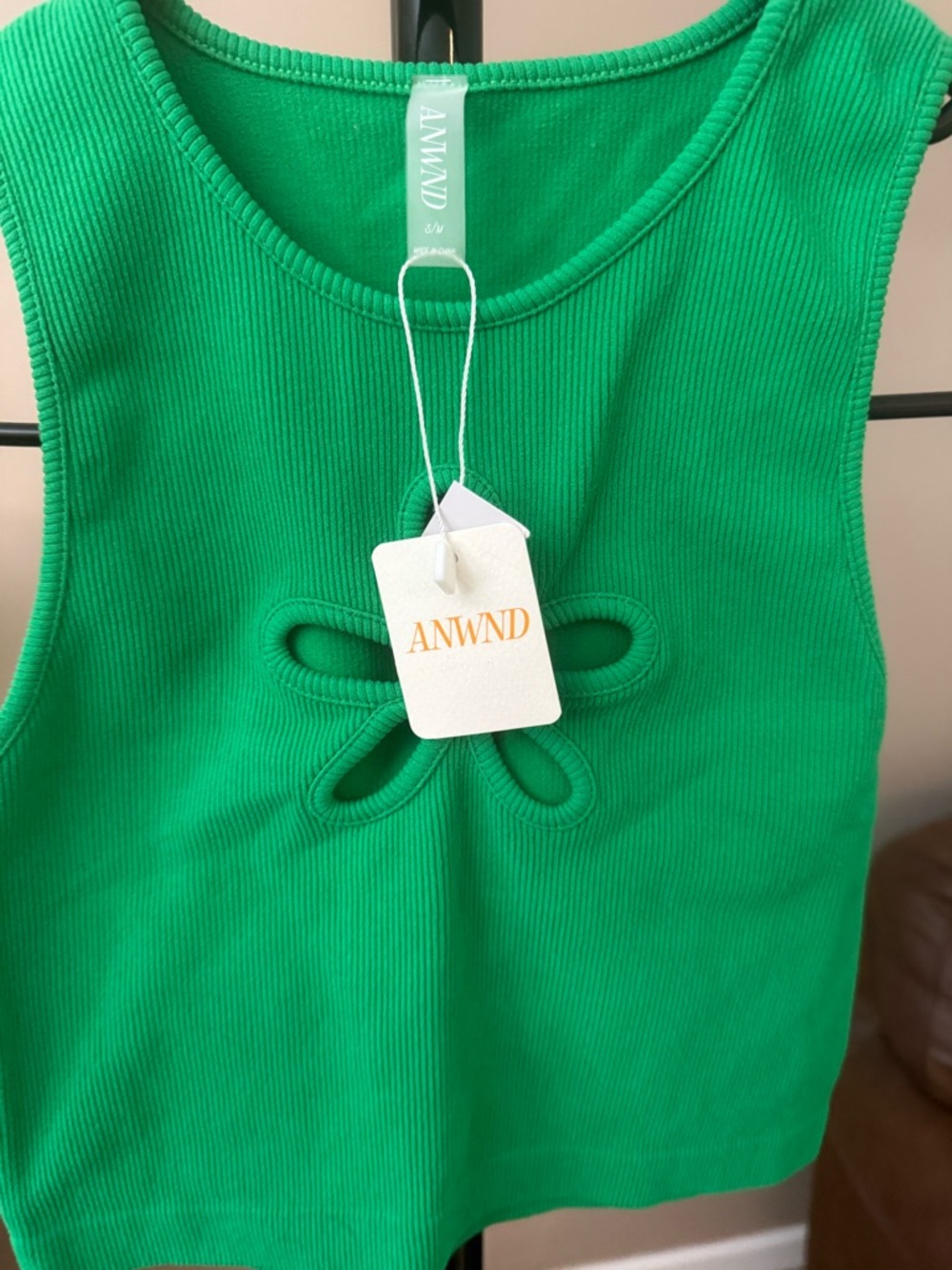 Green Ribbed crop top with Cutout Flower
